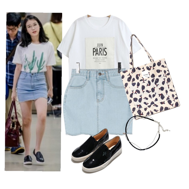 -,TODAY ME [tee]파리스 티,AIN raw-cut slim denim skirt (2 colors)등을 매치한 코디