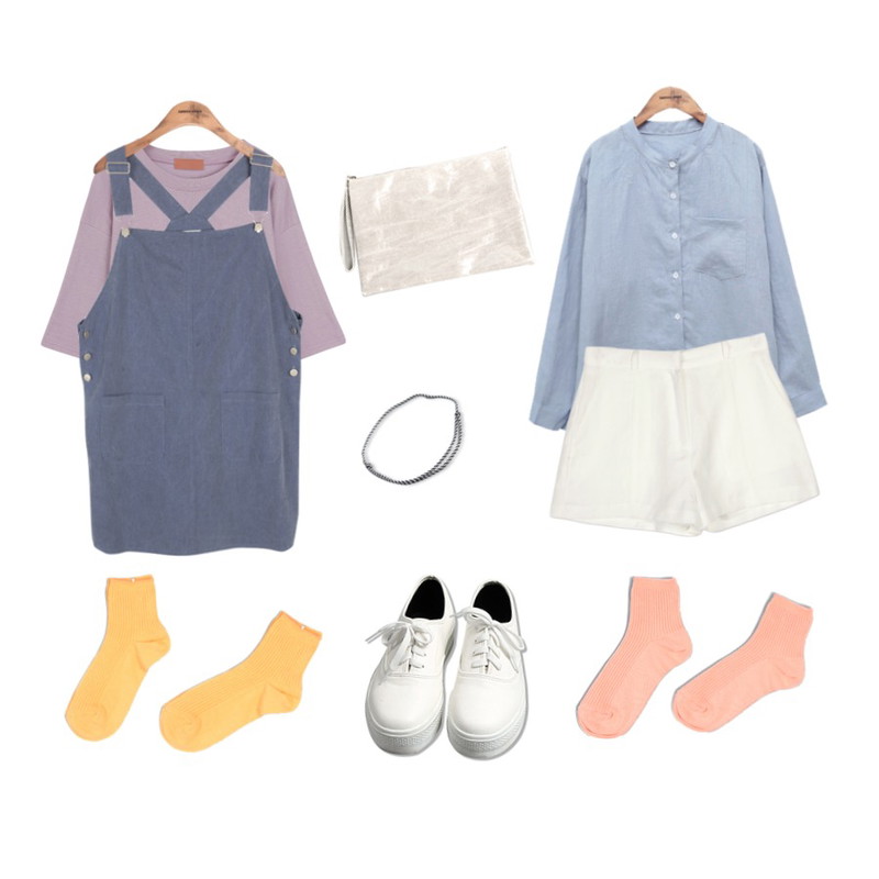 common unique [TOP] CRACKER BOX 1/2 T,common unique [ACC] BLACK&WHITE ANKLETS,common unique [OPS] LINEN OVERALL OPS등을 매치한 코디