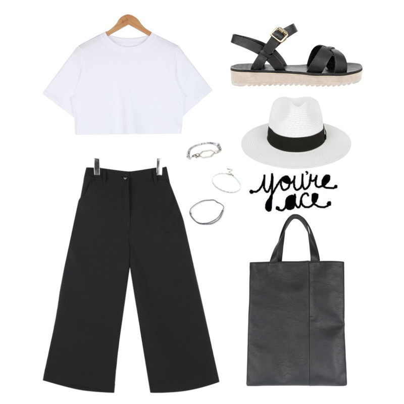 AIN \" FRESH A \" cool pants (4 colors),AIN basic slit point crop T (5 colors),AIN chic black bag 등을 매치한 코디