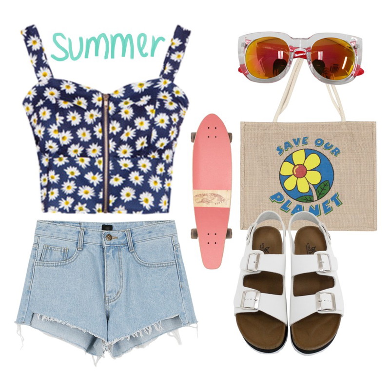 Pink Cruiser Board,MIXXMIX 플라워 썸머 뷔스티에,daily monday Vintage cutting denim short pants등을 매치한 코디