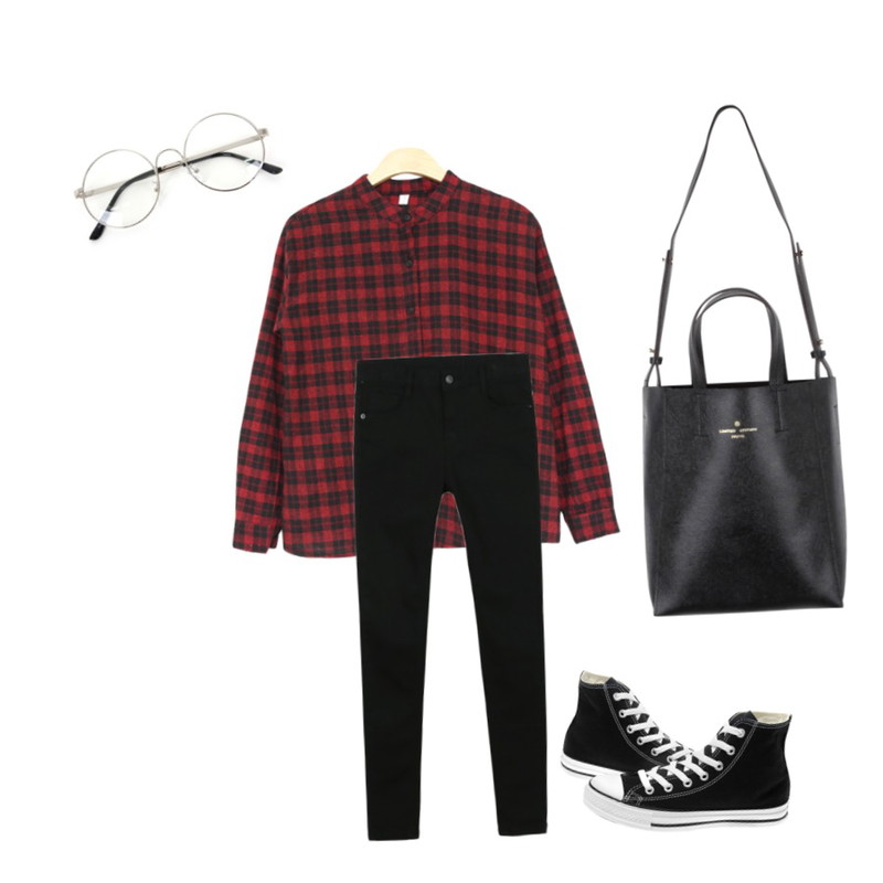 MIND ME 아톰 [2color][NB] 라운드넥 디자인의 심플한 체크셔츠,daily monday Natural warm denim skinny[기모스키니,기모데님,데님스키니,스키니],Player 컨버스 올스타 코어 하이 블랙 (CONVERSE ALL STAR HI BLK) M9160_my 올스타 하이 신발  운동화 컨버스 등을 매치한 코디