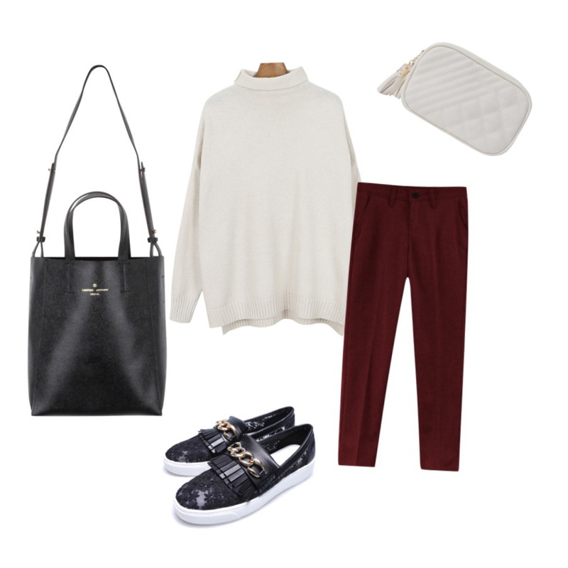 daily monday Natural turtleneck knit[네츄럴터들넥니트,터들니트,폴라니트,폴라티,니트,롱니트,원피스니트],TODAY ME [slacks]티엘 슬렉스,AIN modern black  bag등을 매치한 코디