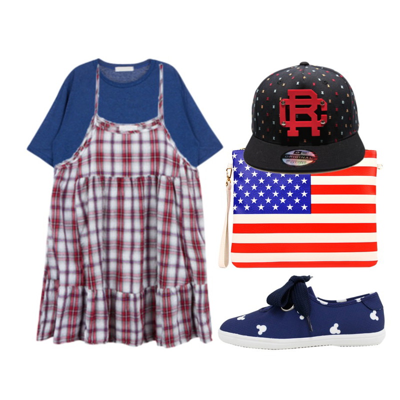 MIXXMIX 피카로 체크 원피스,Rough & Detail big string, shoes_navy,MIXXMIX 모리스 베이직 티셔츠등을 매치한 코디