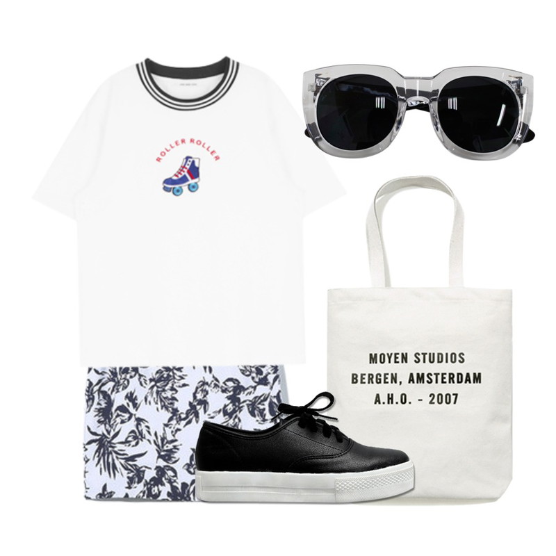 Reine Flower Lavender H-Line Skirt,Reine Moyen Studios Canvas Bag,MIXXMIX HIDE AND SEEK 롤러 스케이팅 티셔츠등을 매치한 코디