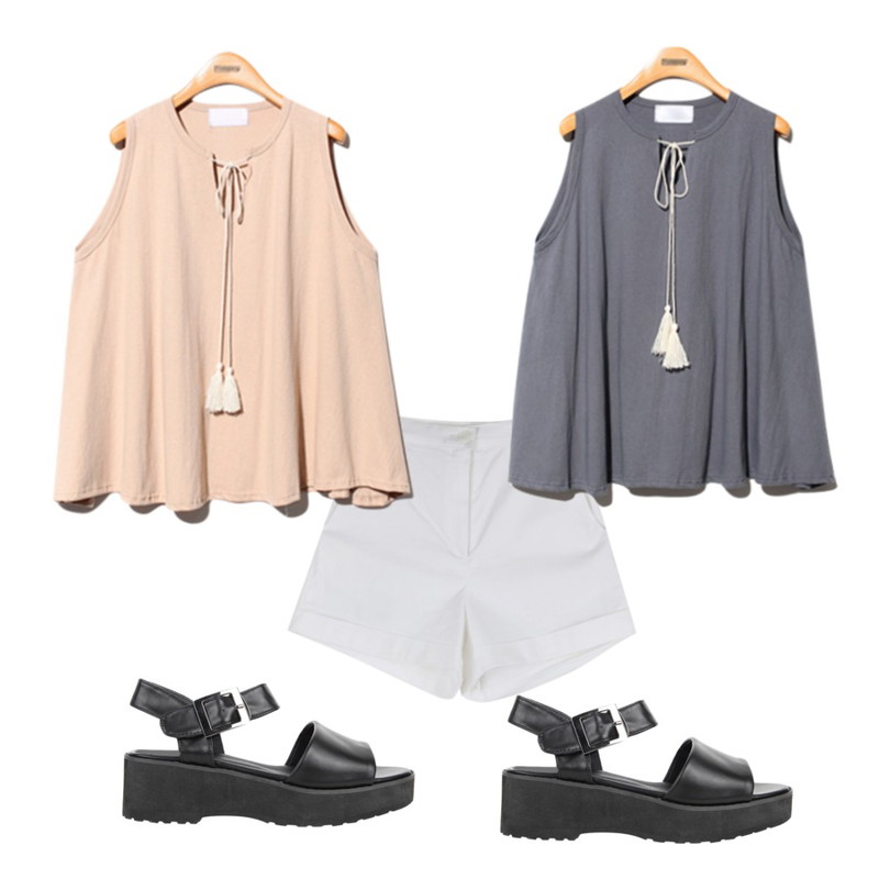 AIN high waist roll-up short pants (2 colors),Reine Romeo-Juliet Tassel Tee,Reine Romeo-Juliet Tassel Tee등을 매치한 코디