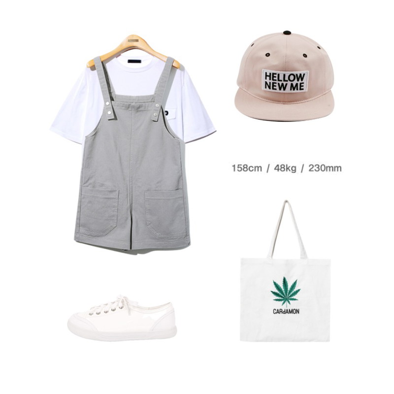 Reine Rhythmical Suspenders Pants,daily monday Hellow pastel cap,Reine Boyfriend Boxy Round Tee등을 매치한 코디