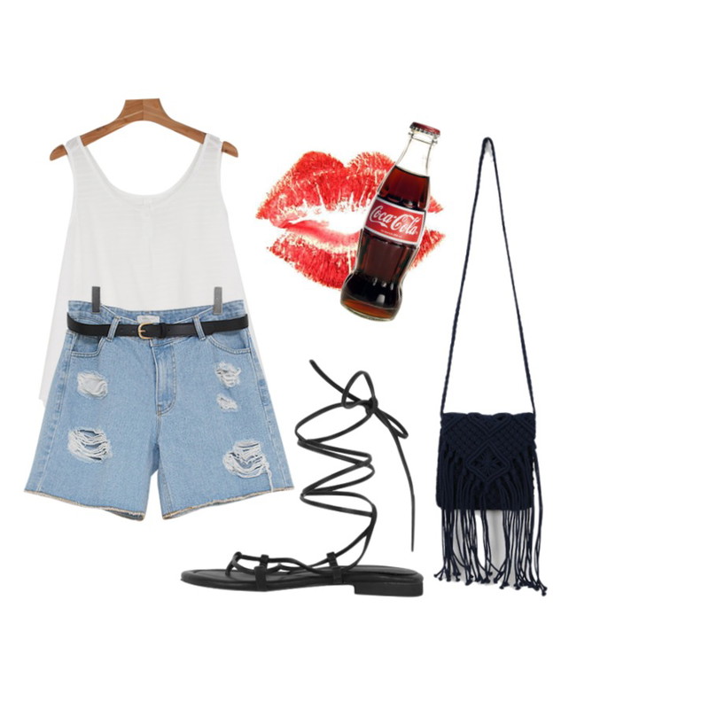 MIND ME 와일드 (3color)[Pants]여유있는핏감과 데미지디테일의벨트세트 오부기장 데님팬츠,daily monday Lace stripe henley sleeveless,MIXXMIX 506 글레디에디터 샌들등을 매치한 코디