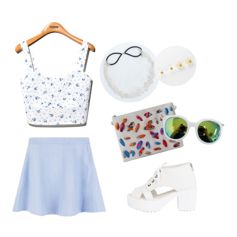 Rough & Detail simple platform, shoes_white,MIXXMIX 캐치 데님 플레어 스커트,Reine Luv Flower Bustier Top등을 매치한 코디