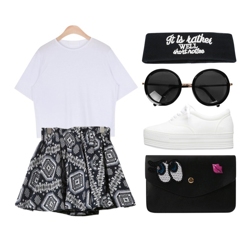 Reine Fabiola Jacquard Skirt,MIND ME EYE&LIPS 포인트 크로스백 (2color),AIN mark basic color 1/2 T (5 colors)등을 매치한 코디