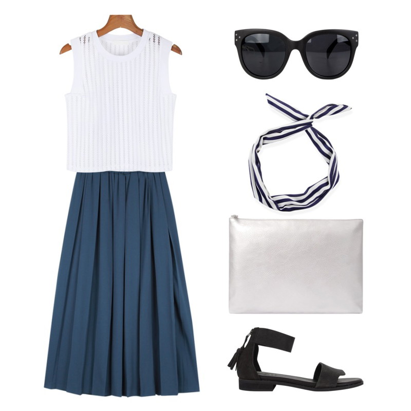 daily monday Netting crop sleeveless,AIN \" FRESH A \" long pleats skirt - navy,AIN suede mini tassel sandal (2 colors)등을 매치한 코디
