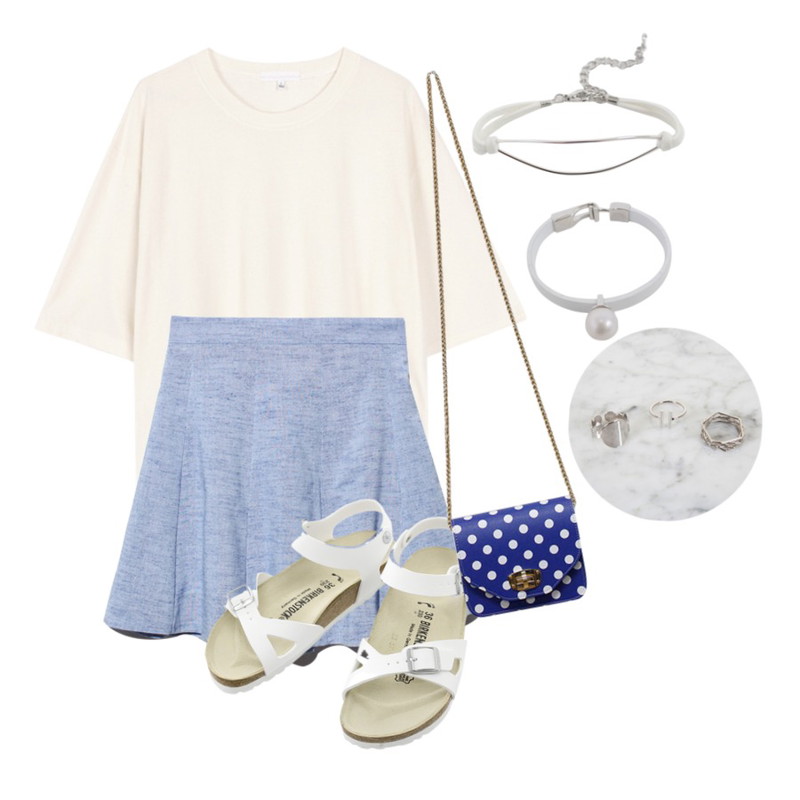 Reine Flora Flare Romance Skirt,Player 버켄스탁 리오 화이트 NARROW (RIO WHITE) 031733  신발  운동화 버켄스탁 ,biznshoe Cotton boxy tee (4color)등을 매치한 코디