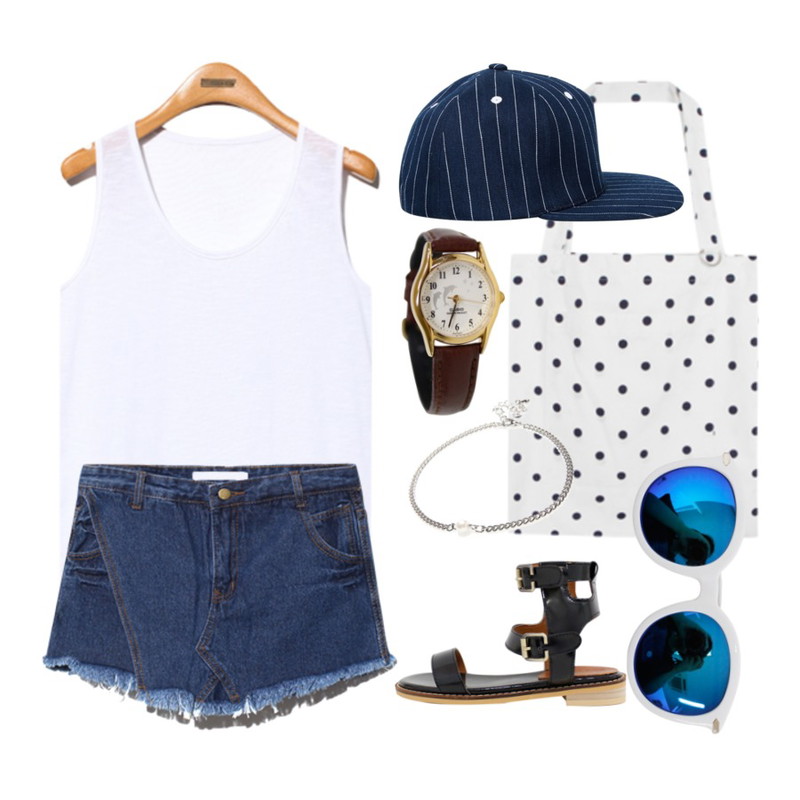Reine Pretty Denim Shorts Pants,Rough & Detail strappy sandals, shoes_black,Reine Natural Line Sleeveless Tee등을 매치한 코디