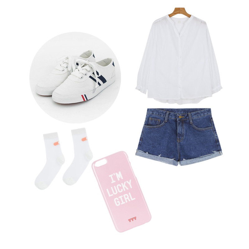 TODAY ME [shoes]컬러뷰 슈즈,MIXXMIX 160 롤업 데님 숏츠,daily monday Frill v-neck blouse등을 매치한 코디