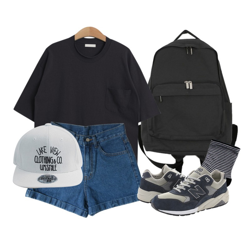 daily monday Cotton daily backpack,Salon de byme AA 쇼츠 ( 진청, 중청 , 연청 , 블랙 ),TODAY ME [tee]크로이 포켓티등을 매치한 코디