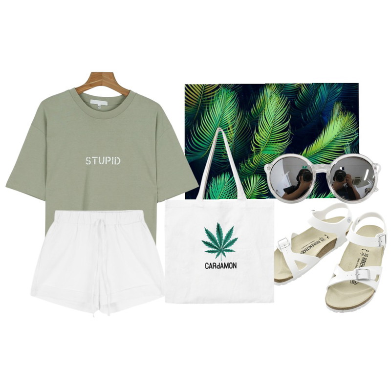 green,MIXXMIX 벤턴 데일리 팬츠,daily monday Cotton stupid tee등을 매치한 코디