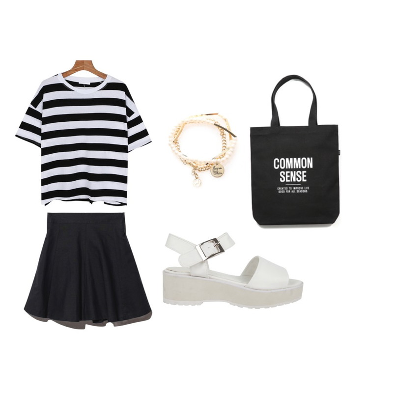 AIN simple summer sandal (2 colors) ,Reine Ice Slushie Nanny Flare Skirt,daily monday Natural wide stripe tee등을 매치한 코디