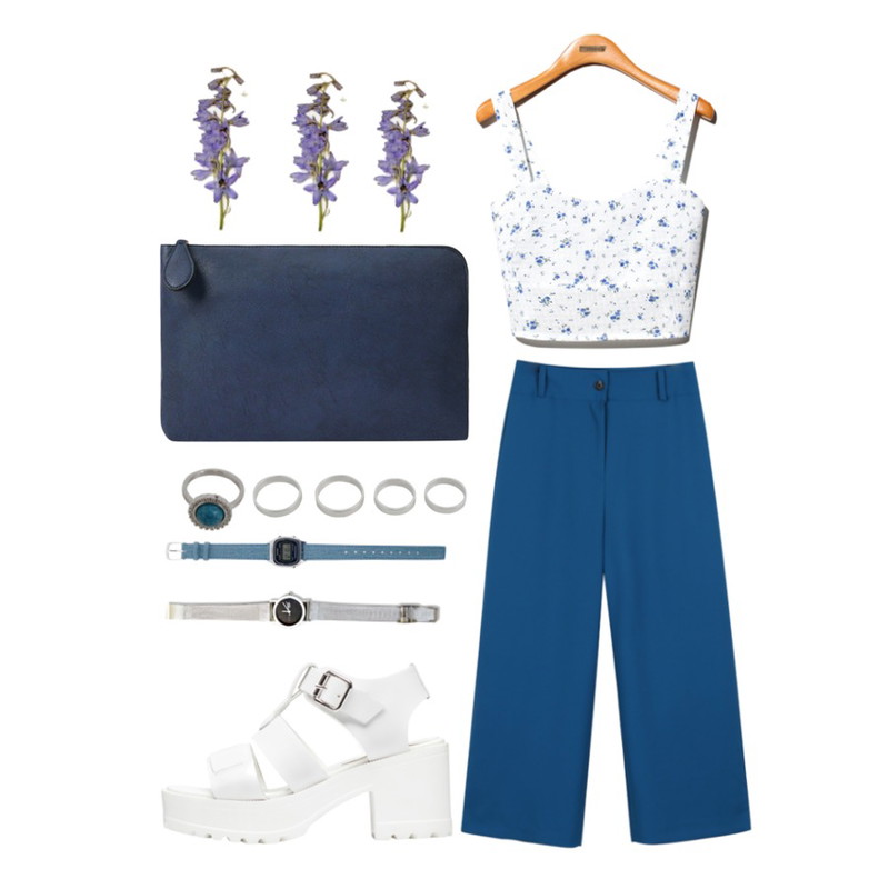 biznshoe Chunky ankle sandle (2color),Reine Luv Flower Bustier Top,daily monday Soft basic wide pants등을 매치한 코디