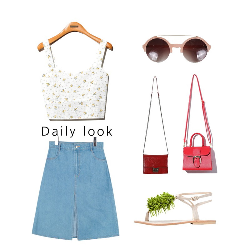 daily monday Ladylike square chain bag,Reine Luv Flower Bustier Top,AIN PG_midi slit apc denim skirt등을 매치한 코디