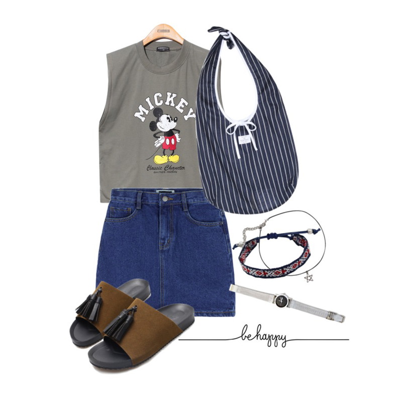 Reine From Day To Day Training Set,MIXXMIX 5304 데님 스커트,Reine Tomboy Tassel Slippers등을 매치한 코디