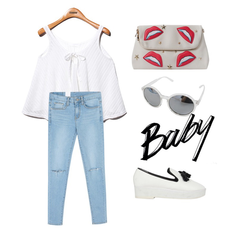 common unique [BOTTOM] LIGHT CUT SLIM SKINNY,MIND ME lip&star 패치 클러치 (2color),Reine Cranberry Sleeveless Knit Top등을 매치한 코디