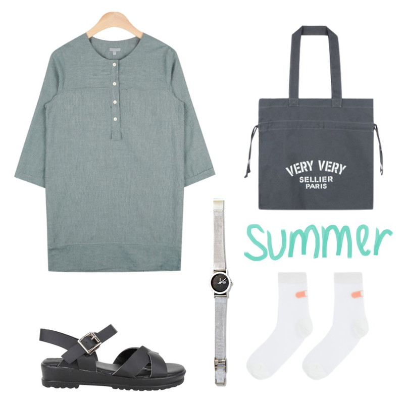 AIN x-simple sandal (2 colors),AIN cozy stripe 4 button ops (2 colors),MIXXMIX 베리 베리 에코백등을 매치한 코디