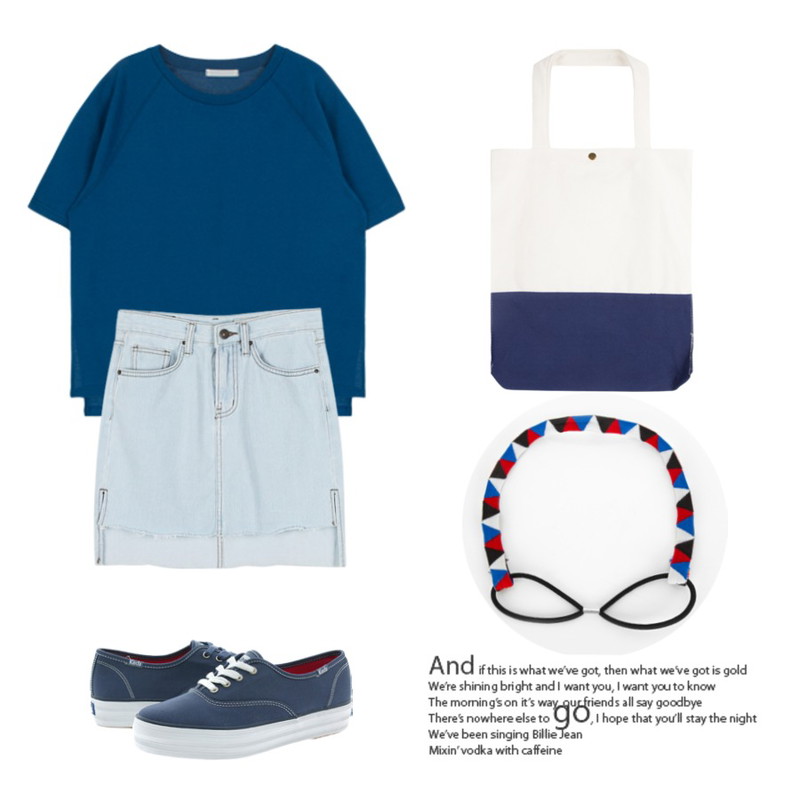daily monday Unbalance cutting denim skirt,Player WF49947 케즈 트리플 시즈널 솔리즈 인디고 네이비 (TRIPLE SEASONAL SOLIDS INDIGO NAVY)  신발  운동화 케즈 ,MIXXMIX 로들 래글런 티셔츠등을 매치한 코디