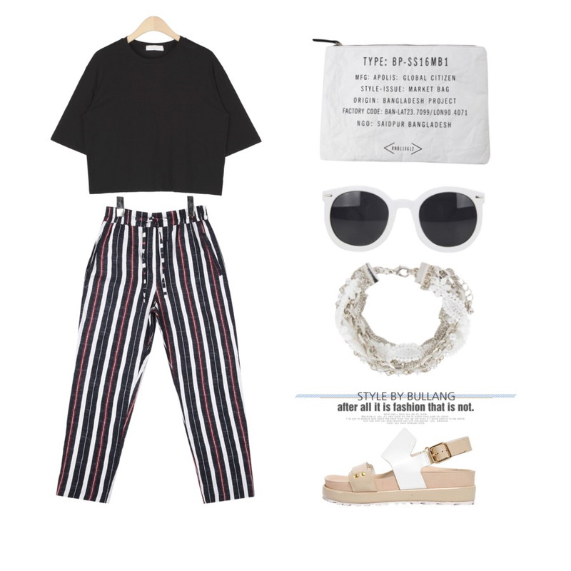 biznshoe Chunky enamel sandal (2color),AIN tropical stripe pants (3 colors),AIN simple 1/2 crop T (4 colors)등을 매치한 코디