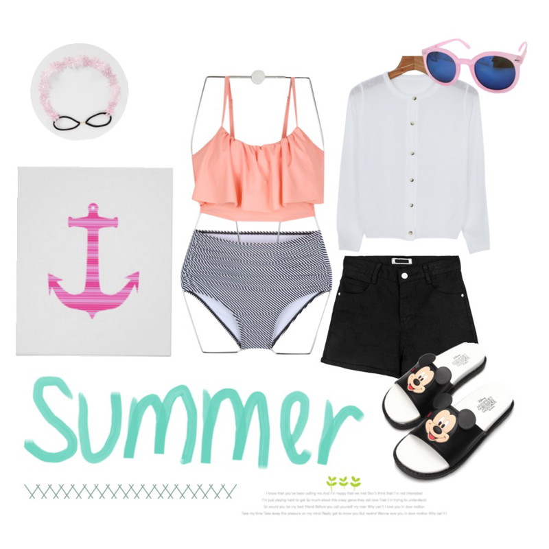 daily monday Basic silm cardigan,AIN frill stripe bikini,MIXXMIX 4507 베이직 숏츠등을 매치한 코디