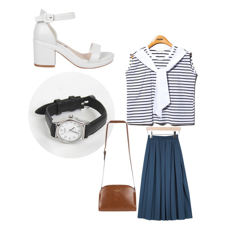 AIN simple light heel (2 colors),AIN \" FRESH A \" long pleats skirt - navy,Reine Classic Mood Stripe Tee등을 매치한 코디
