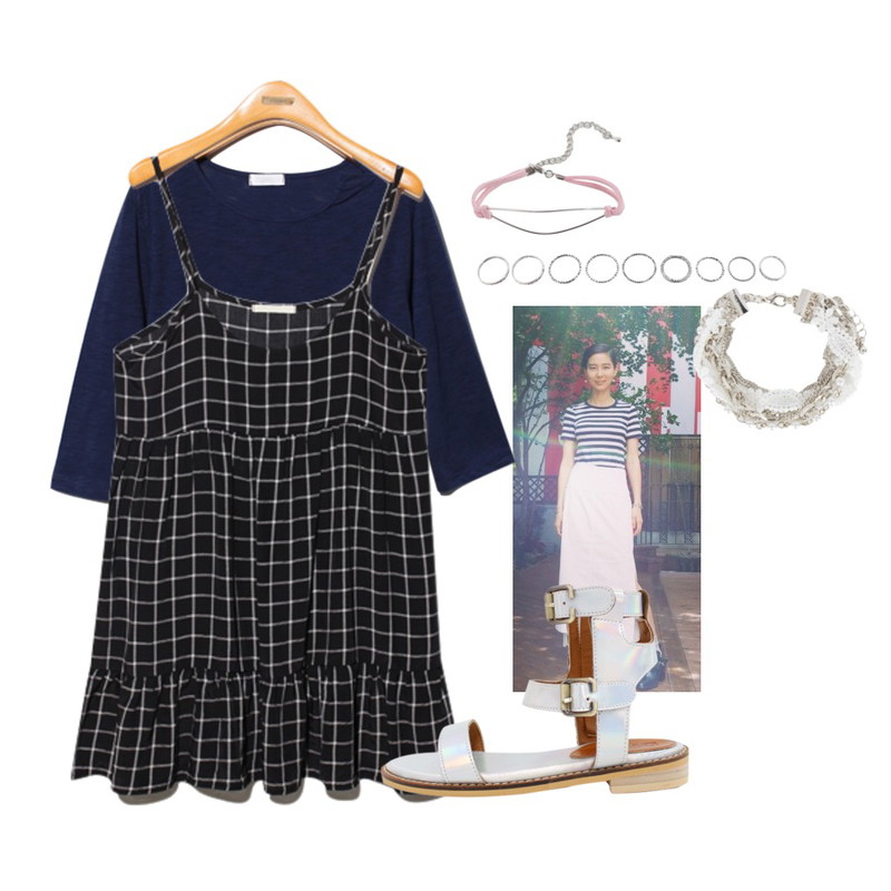 -,Reine Tic Toc Checkmate Onepiece,Reine Boat-Neck Cozy Basic Tee등을 매치한 코디