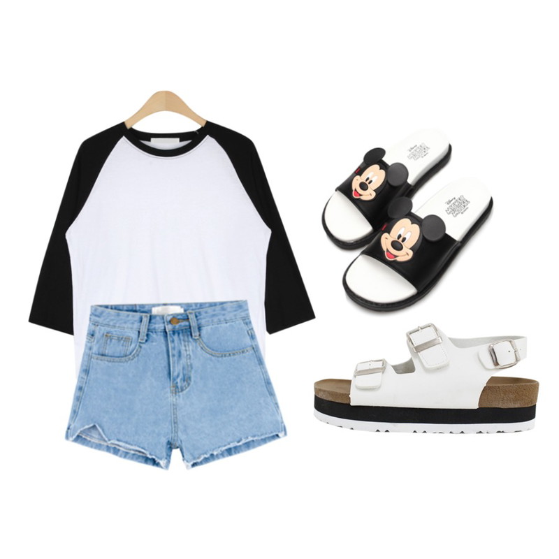 Reine 디즈니정품 Cute Mickey Slippers,MIXXMIX 오르도 언발런스 컷팅 숏츠,AIN raglan 7 sleeve T (4 colors)등을 매치한 코디