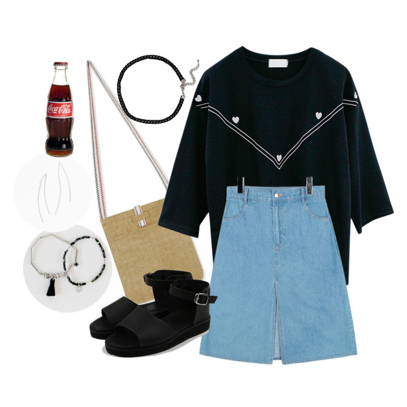 daily monday Point picnic cross bag,AIN PG_midi slit apc denim skirt,Rough & Detail love angle, t-navy등을 매치한 코디