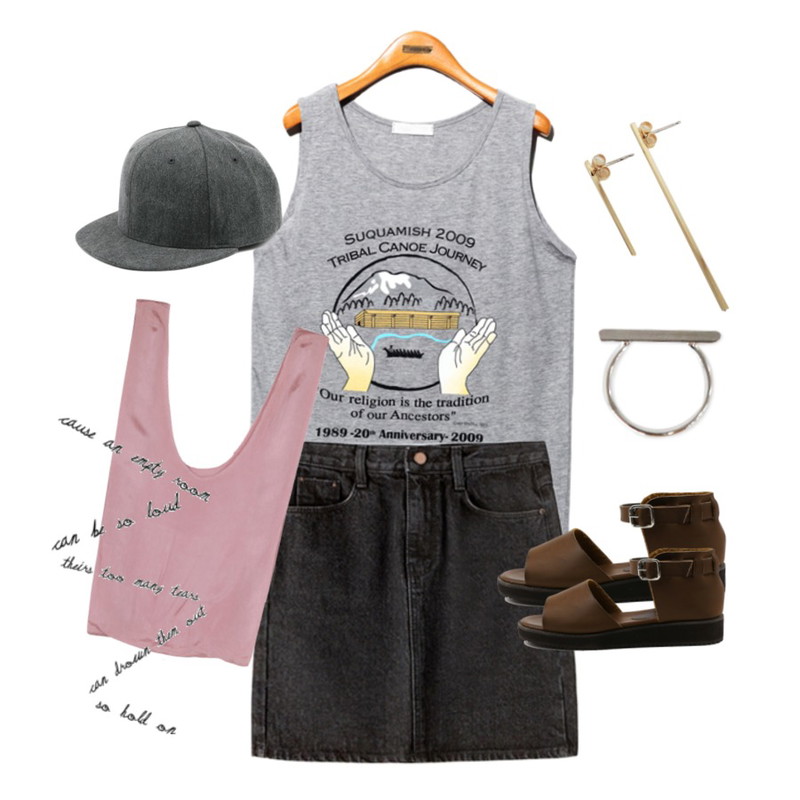 Reine Tribal Canoe Journey Tee,AIN picnic colors bag (5 colors),MIXXMIX 블랙 워싱 스커트등을 매치한 코디
