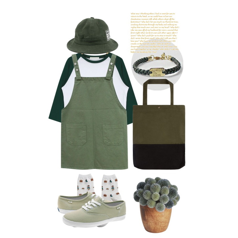 daily monday Twist leather pendant bracelet,Rough & Detail cookie overalls, ops-greentea,AIN raglan 7 sleeve T (4 colors)등을 매치한 코디