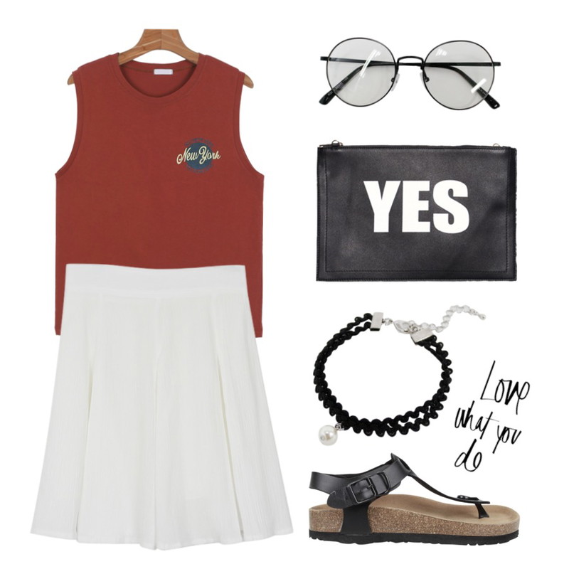 AIN modern mood slipper (4 colors),daily monday Wrinkle swing skirt,daily monday Basic new york sleeveless등을 매치한 코디