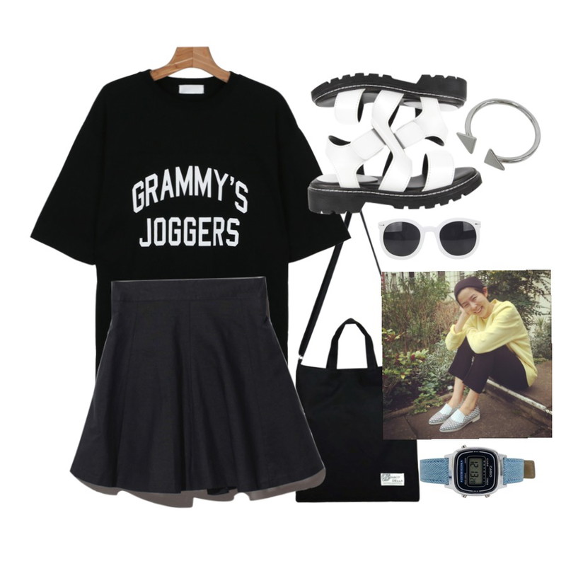 biznshoe Basic eco bag (4type),Reine Ice Slushie Nanny Flare Skirt,daily monday Boxy grammy tee등을 매치한 코디