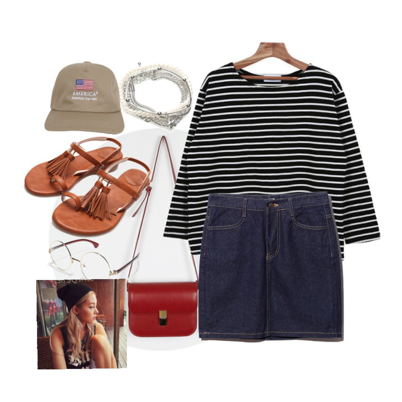 daily monday Classic square shoulder bag,Zemma World 소다 (stripe t),Reine Second Basic Denim H Skirt등을 매치한 코디