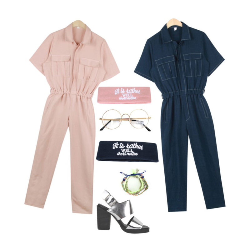 AIN metallic band heel (2 colors),AIN carpenter denim jump-suit (3 colors),AIN carpenter denim jump-suit (3 colors)등을 매치한 코디