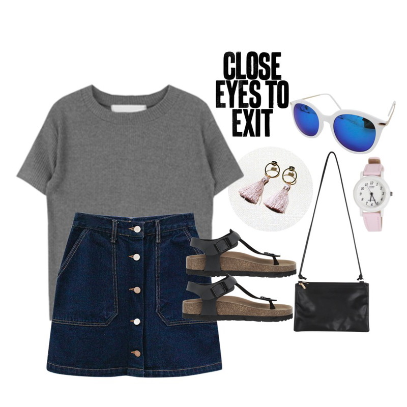 Rough & Detail ruru denim, sk-denim,MIXXMIX 컬러 데일리 니트 티셔츠,Reine Tassel Circle Earring 등을 매치한 코디