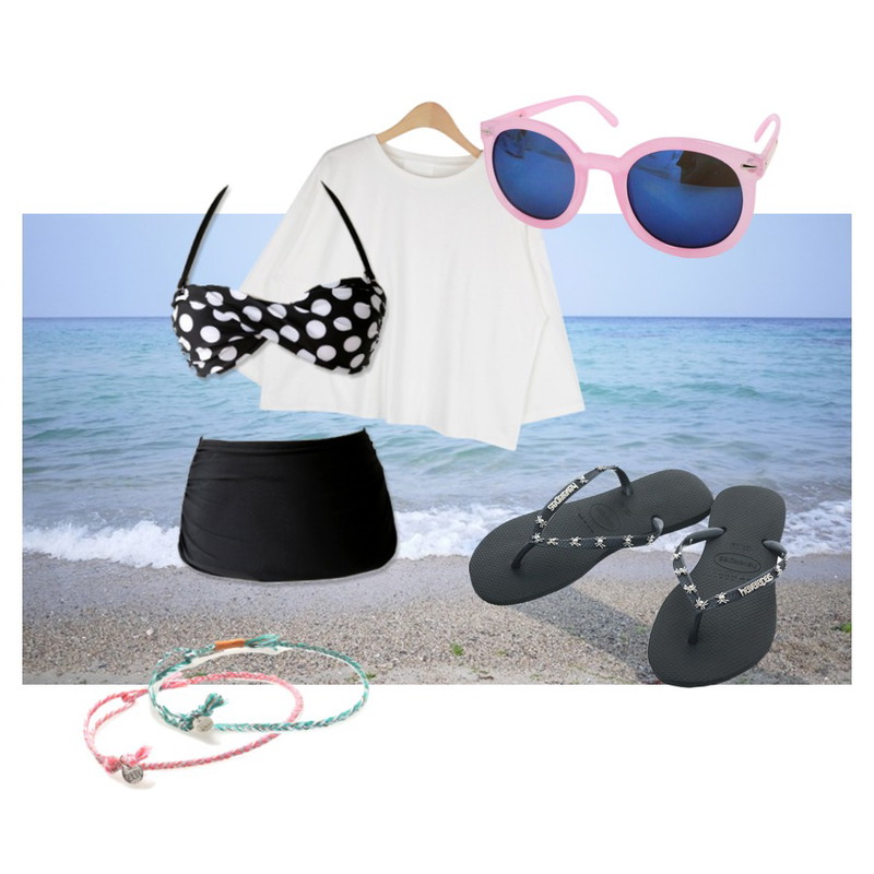 바다,common unique [SWIMSUIT] DOT TWIST BIKINI,AIN deep color crop cotton 7 T (4 colors)등을 매치한 코디