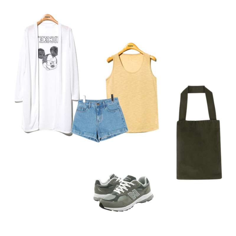 AIN apparel high-quality denim shorts (2 colors),Reine Mickey Unique Long Cardigan,Reine Natural Line Sleeveless Tee등을 매치한 코디