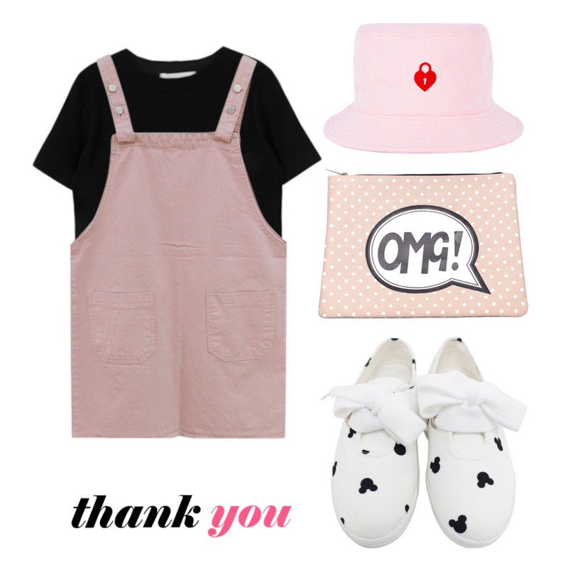 Reine Orient Dot Clutch Bag,Rough & Detail cookie overalls, ops-strawberry,MIXXMIX 컬러 데일리 니트 티셔츠등을 매치한 코디