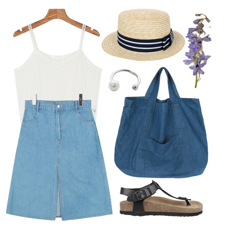 AIN PG_midi slit apc denim skirt,AIN vintage denim bag (2 colors),daily monday Lace bustier등을 매치한 코디