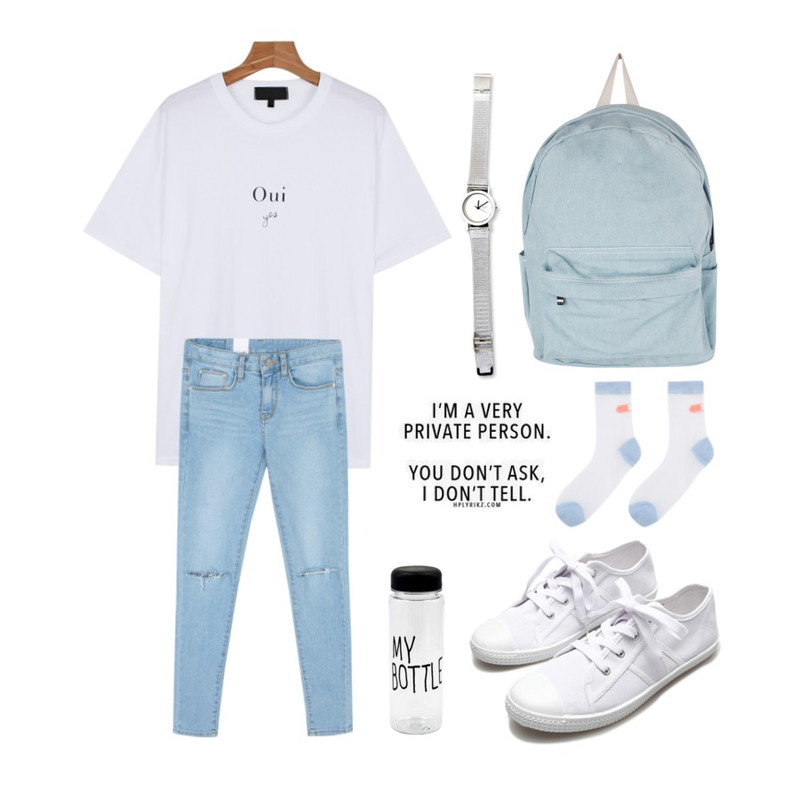 common unique [BOTTOM] LIGHT CUT SLIM SKINNY,Reine Canvas Simple Making Sneakers,daily monday Boxy-fit Cotton lettering tee등을 매치한 코디