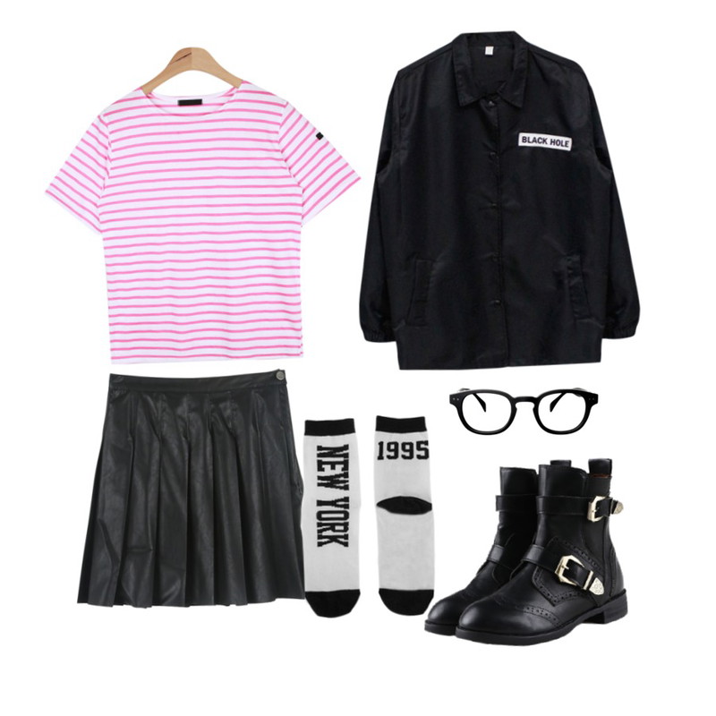 daily monday Leather tennis skirt[플리츠스커트,플레어스커트,가죽스커트,레더스커트],Rough & Detail uni glossy, jp_black,AIN different color saint 1/2 T (7 colors)등을 매치한 코디