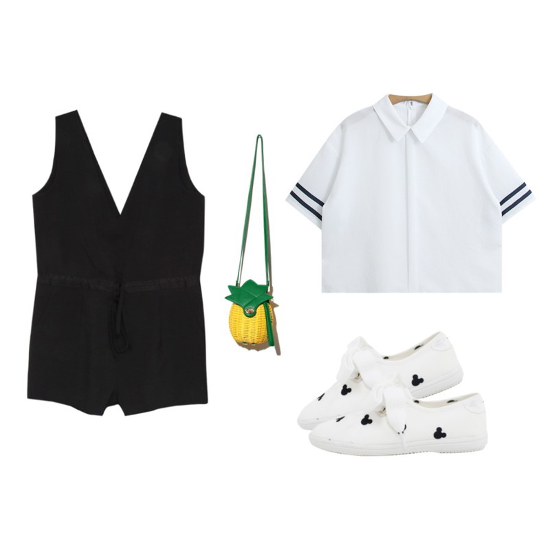 MIND ME 브이넥 린넨 점프수트 (2color),Rough & Detail big string, shoes_white,Reine Pineapple Cross Bag등을 매치한 코디