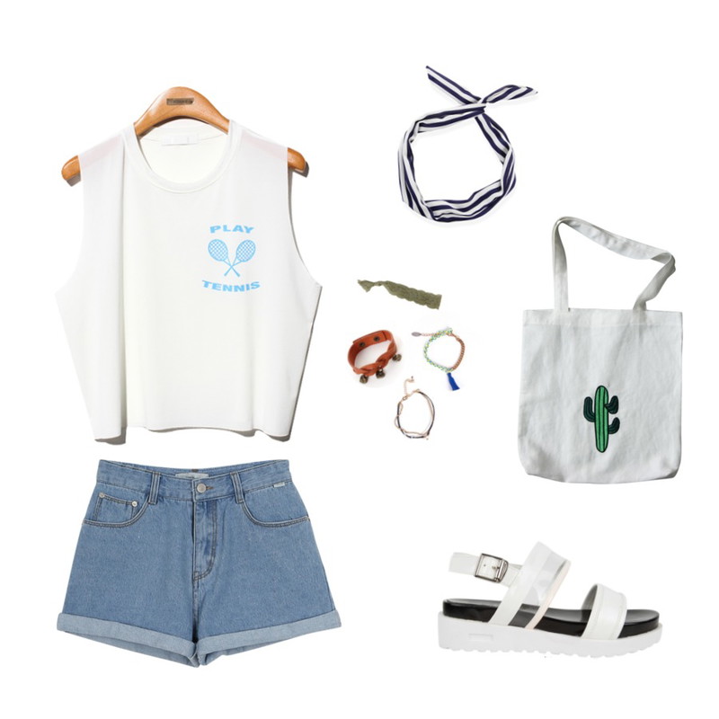 daily monday Summer roll up short pants,AIN light up sandal (2 colors),Reine Play Tennis Sporty Tee등을 매치한 코디