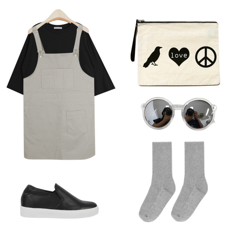 AIN  button charming overall ops (2 colors),TODAY ME [tee]솔트 티,AIN opening mood slip-on (2 colors)등을 매치한 코디
