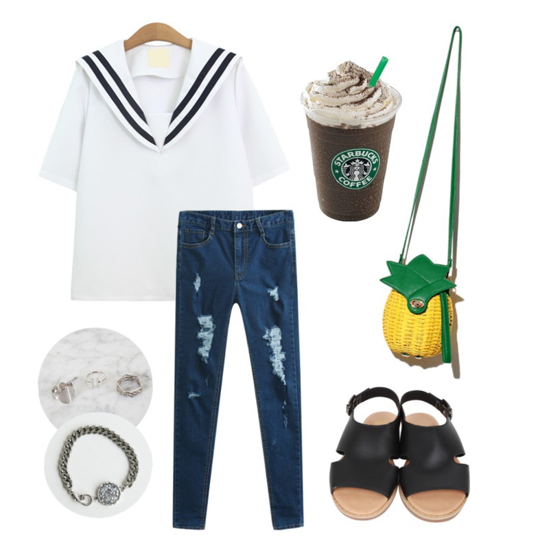 TODAY ME [skinny]잇츠 스키니진,Reine Pineapple Cross Bag,TODAY ME [tee]아크로 세라티등을 매치한 코디