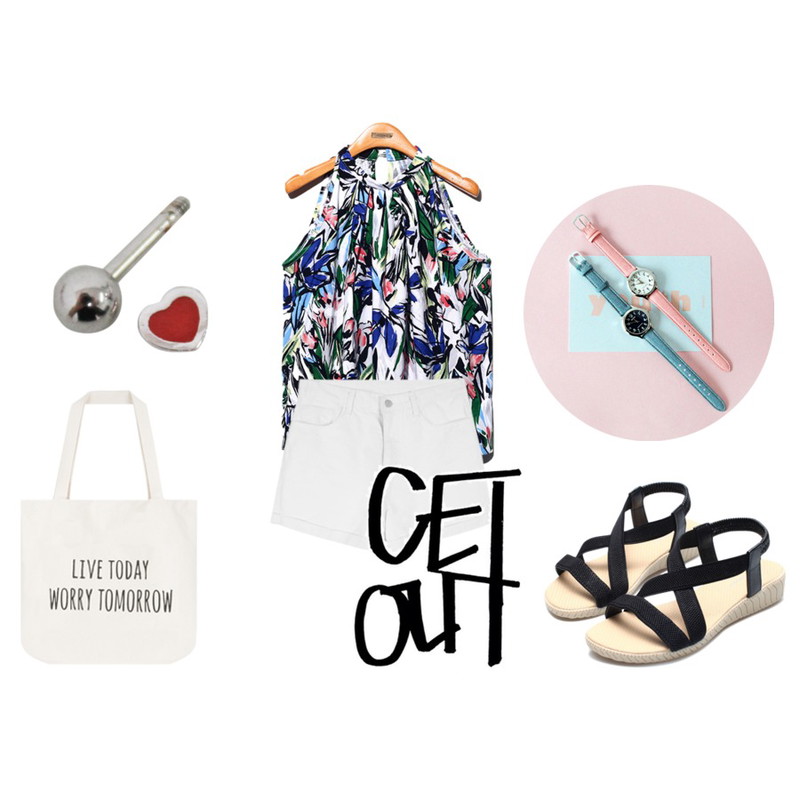 Reine X-Strap Banding Sandal,Reine Charm Halter-Neck Blouse,MIXXMIX 라비 롤업 데님 숏츠등을 매치한 코디